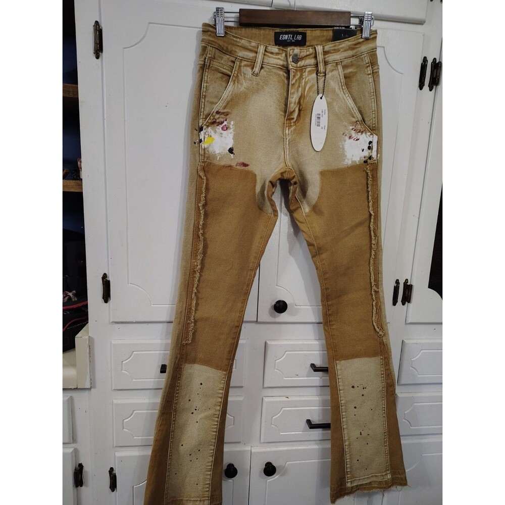 ESNTL LAB Men’s Jeans 29x32 Tan Khaki Slim Stretch Distressed Ripped Slim/Skinny